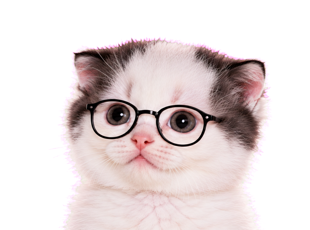 White and charcoal kitten with round glasses known as The Brain