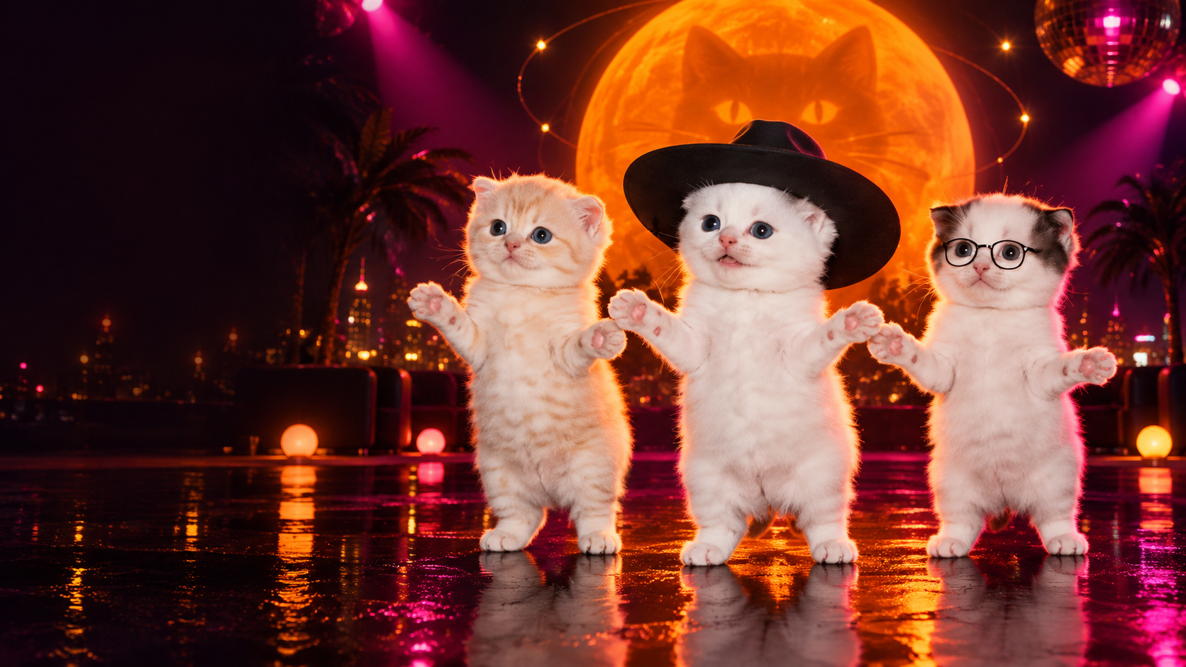 Three LA CALABAZA kittens dancing together, with one wearing a black hat and another wearing round glasses