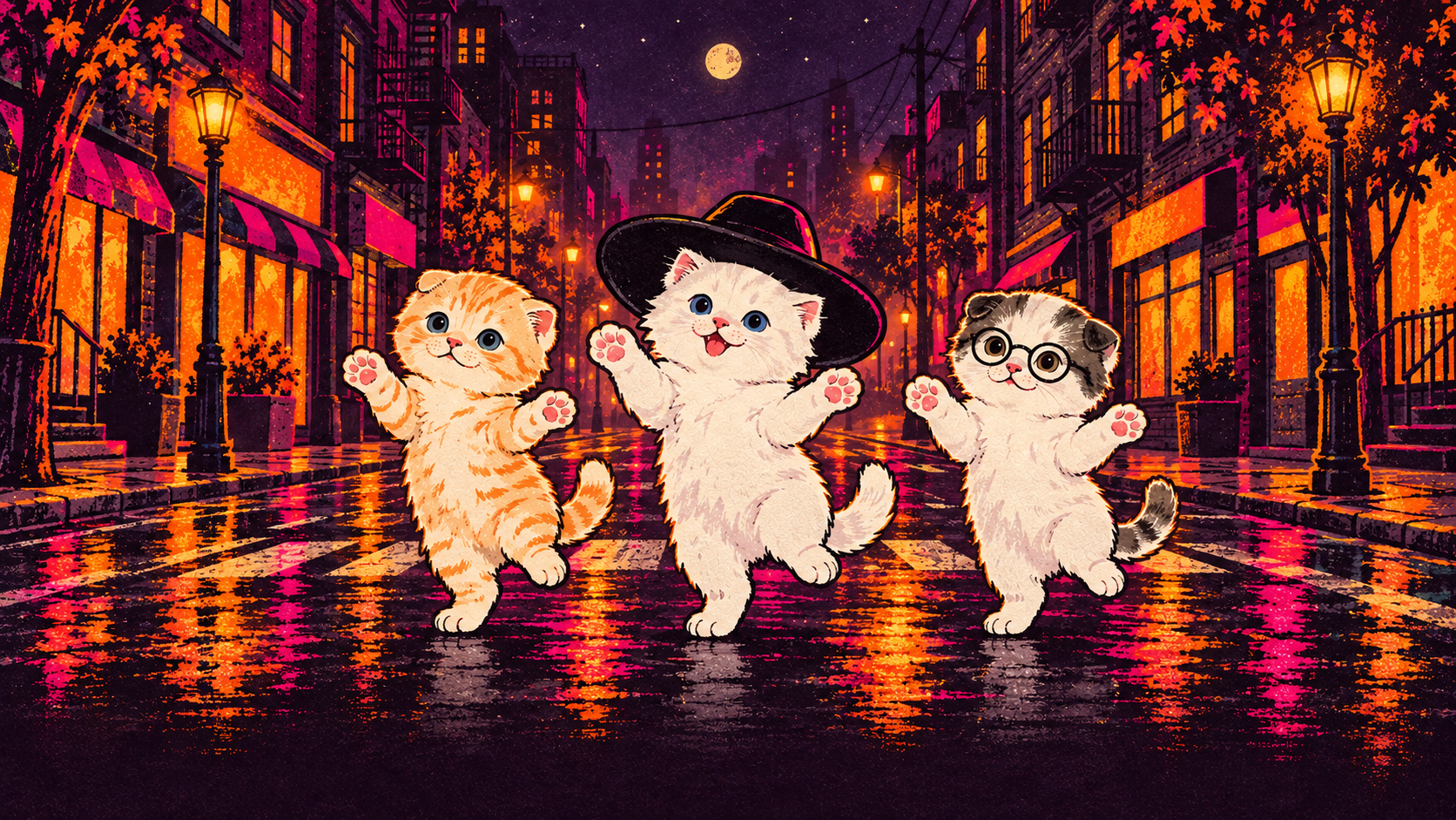 Fan-art illustration of the three LA CALABAZA kittens dancing on a wet night street, with The Drama wearing a black hat and The Brain wearing round glasses